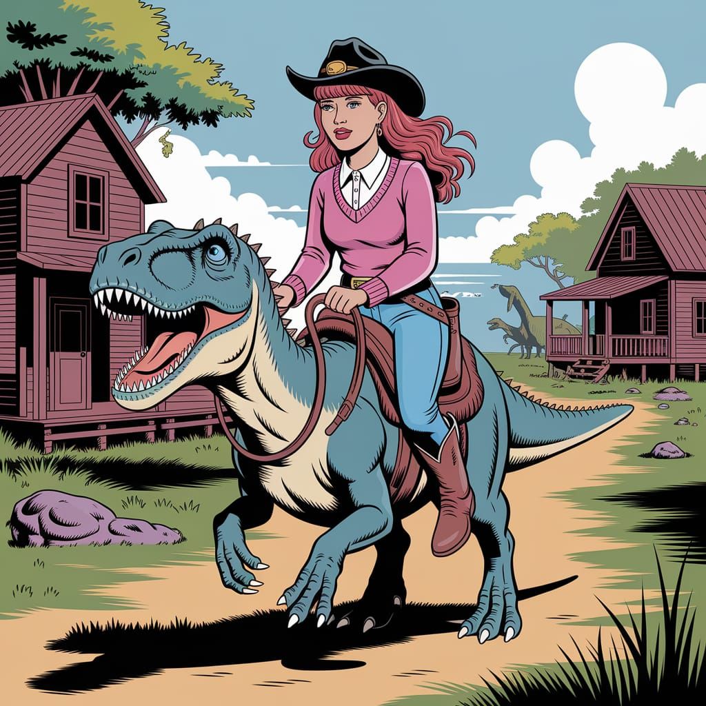 Cowgirl Rides Dinosaur Approaching Western Village