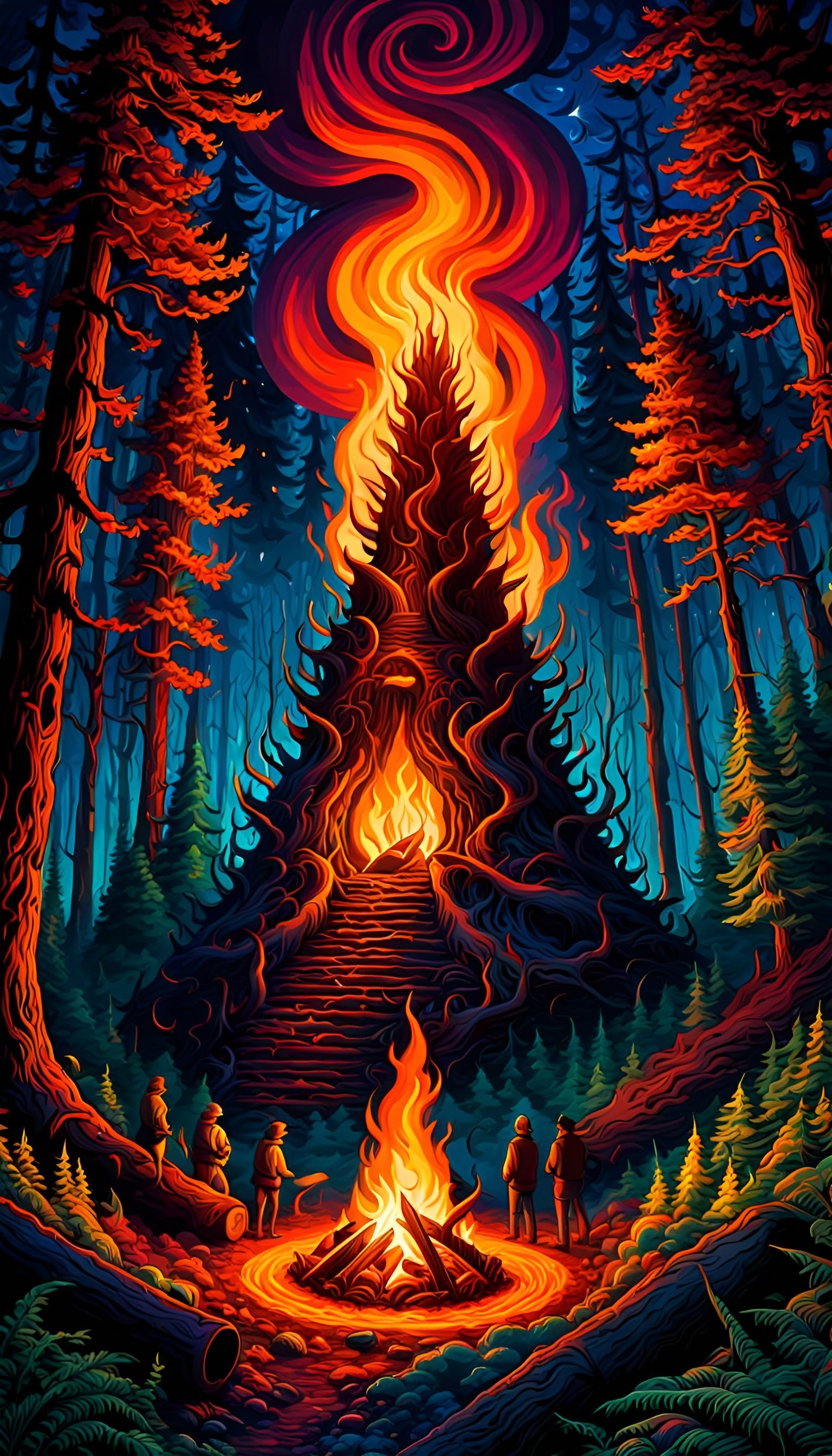 Mysterious Forest Cult Bonfire in Expressionist Style