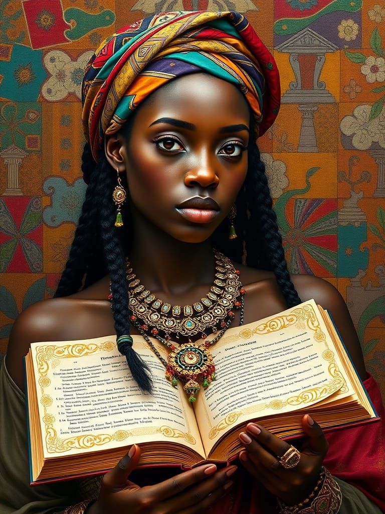 Woman with Braids, Headscarf and Golden Book