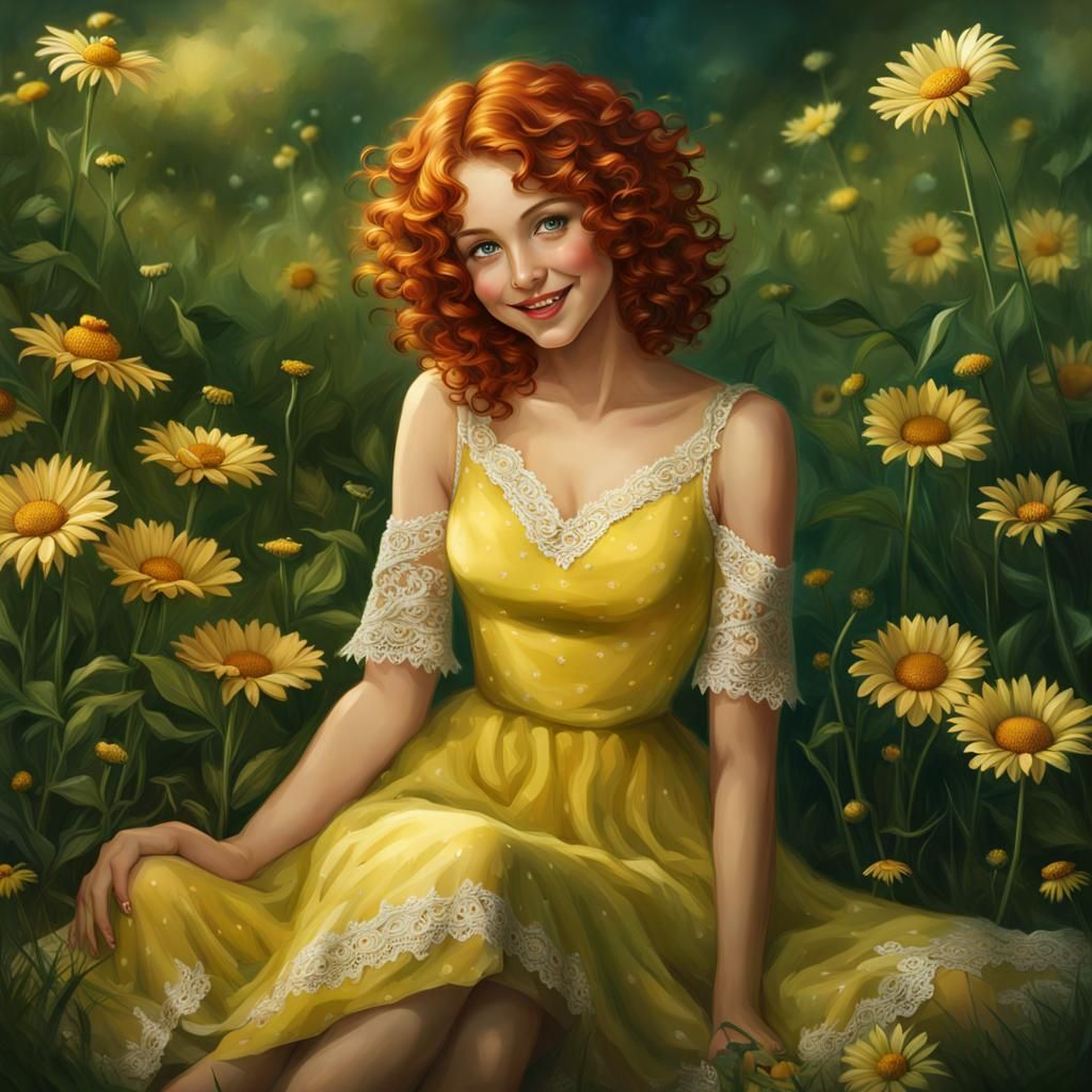 Smiling Girl with Daisies: Digital Art in 8K
