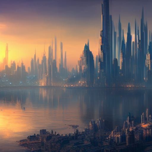 Sunset Cityscape: Detailed Fantasy Concept Art