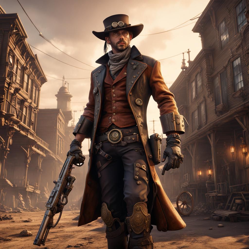Steampunk Cowboy Gunslinger in Detailed Matte Painting