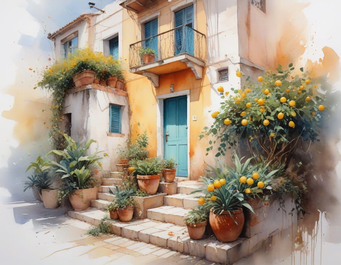 Mediterranean Lemon Grove Walkway with Pastel Houses