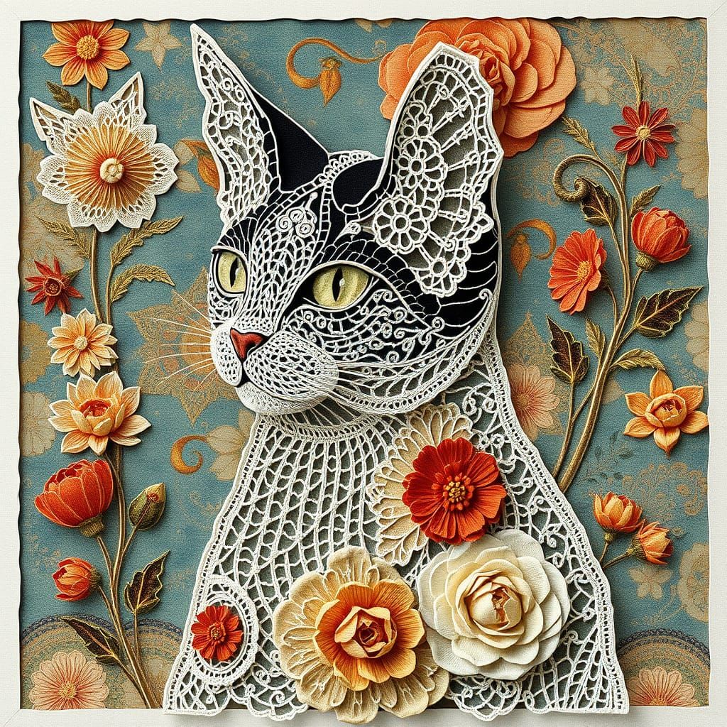 Lace and Paper Cat in Art Nouveau Style