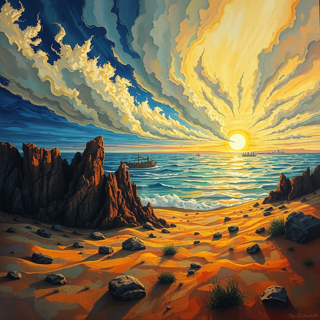 Stained Glass Ocean: Impasto Art Deco Surrealism