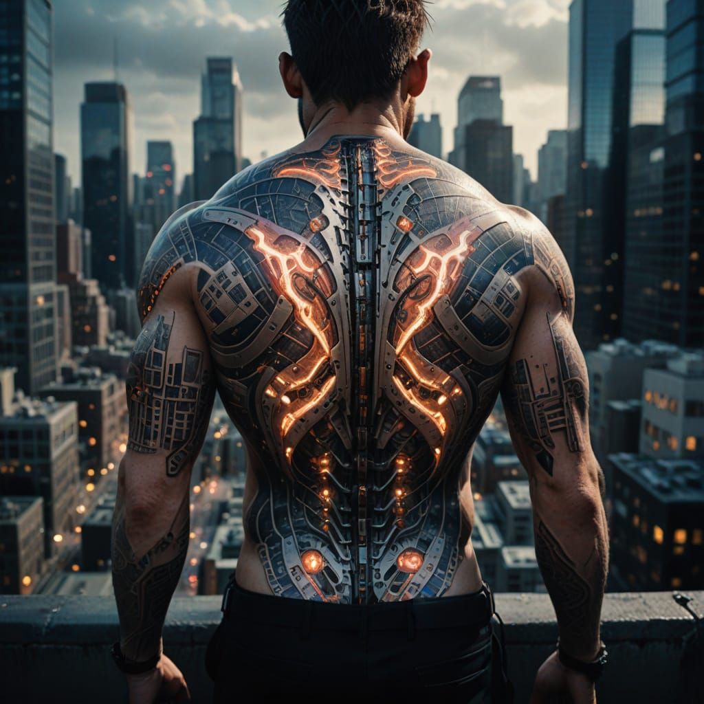 Living Cityscape Tattoo on Cyborg Back - Macro Concept Art