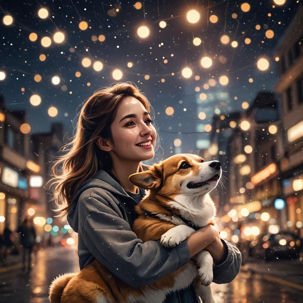 Girl Cuddling Corgi at Night in Hyper Speed
