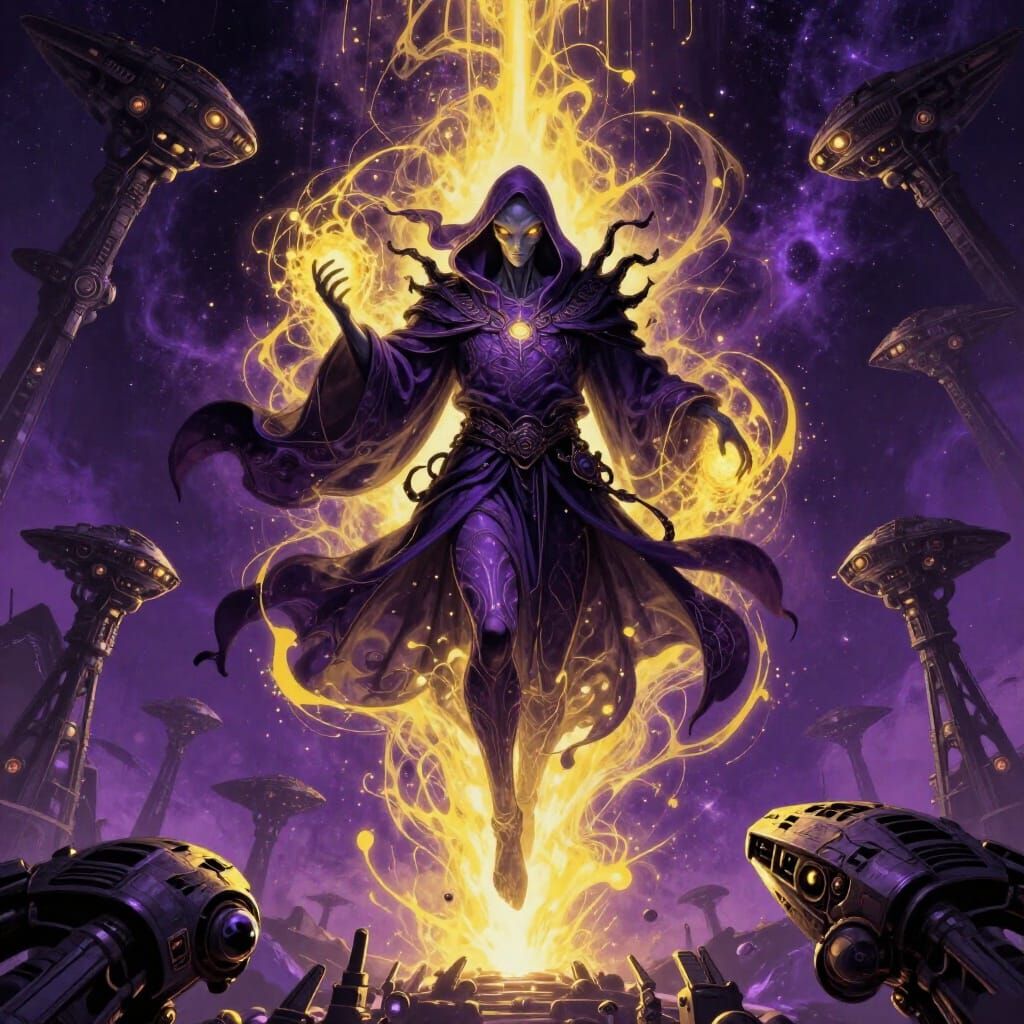 Cosmic Sorcerer Battles Alien Armada in Dark Fantasy Art