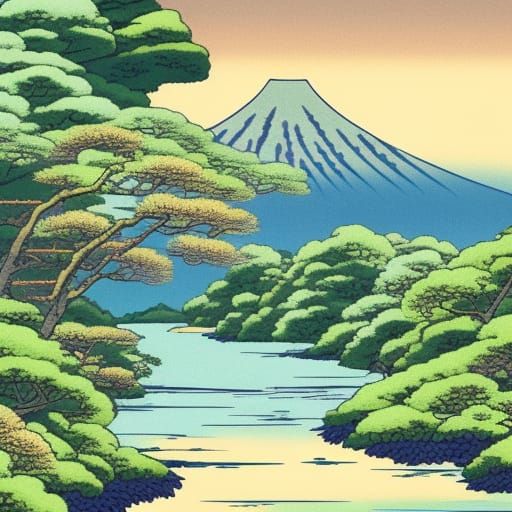 Japanese River Scene Inspired by Hokusai and Anime