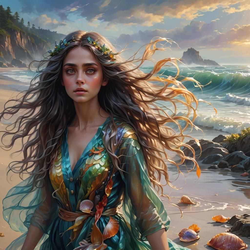 Fantasy Woman Walks on Beach in Oil Painting