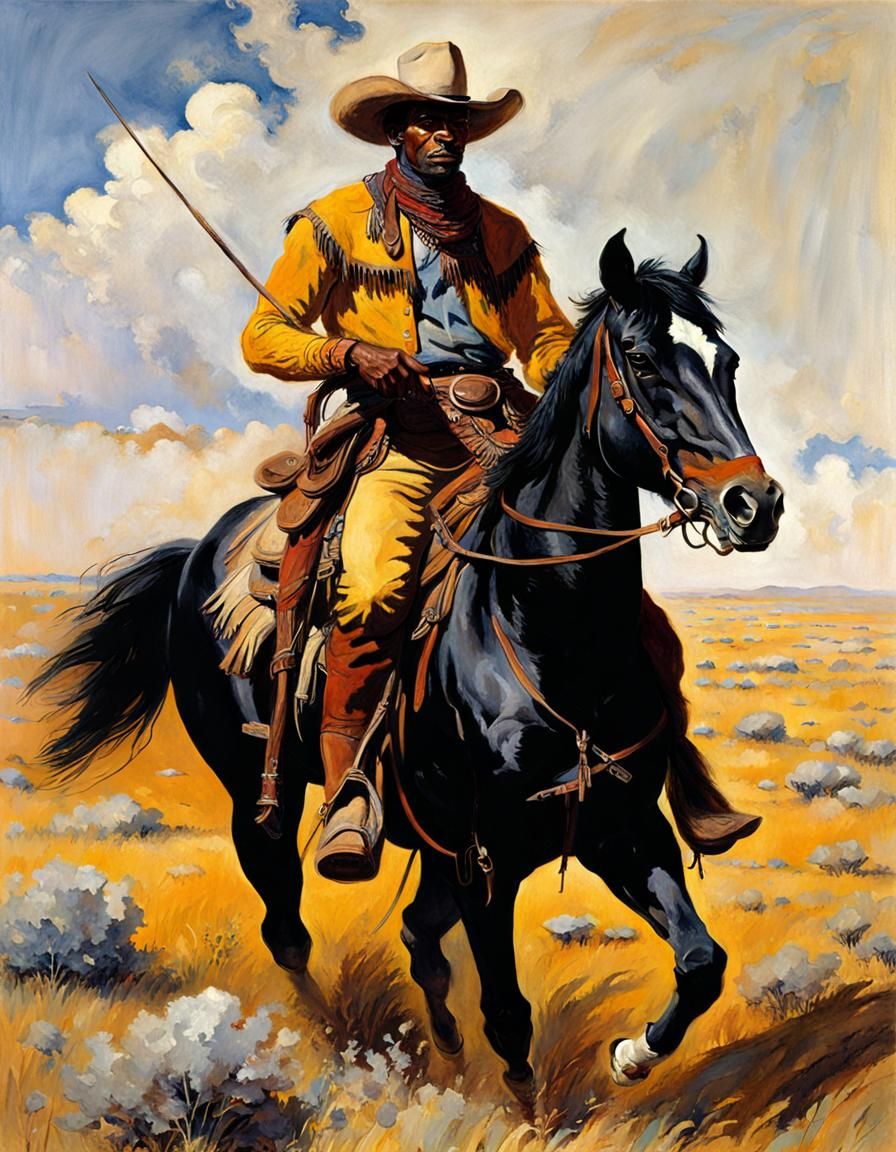 Black Cowboy on Prairie in Historical Painting Style