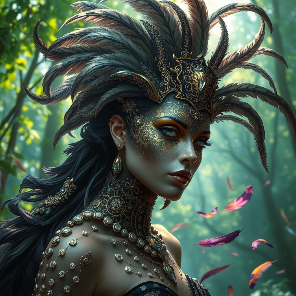 Gothic Woman in Lush Forest with Vibrant Feathers and Gold L...