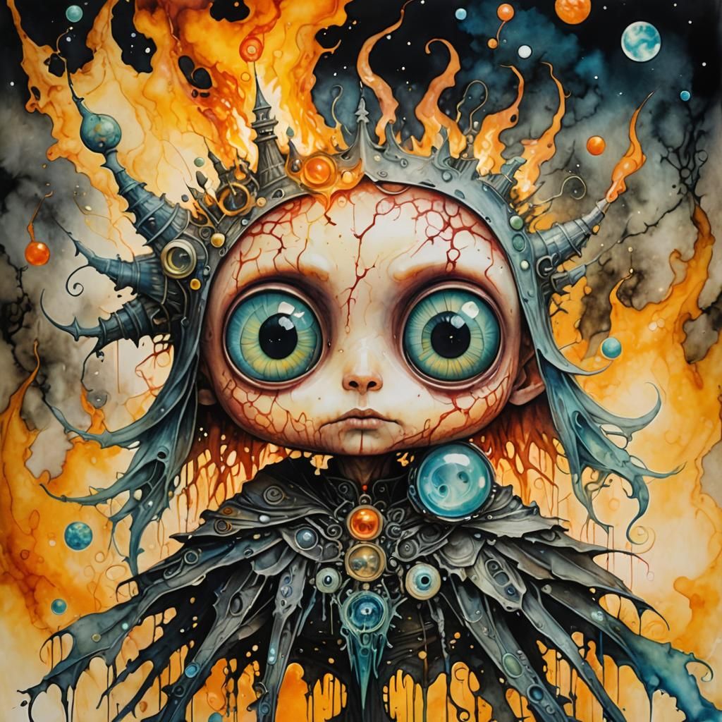 Obsidian Warlock in Surreal Combustion: Bosch-Inspired Art