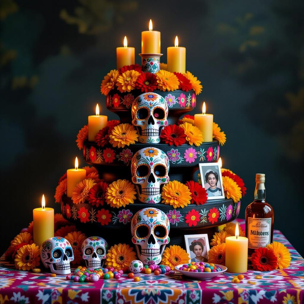 Day of the Dead Ofrenda With Candles and Flowers