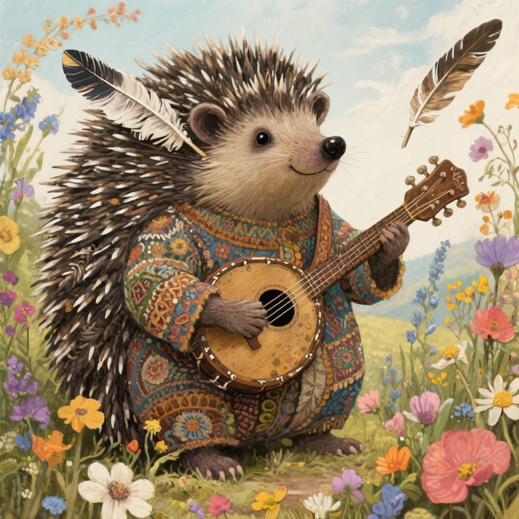 Hedgehog's Whimsical Banjo Serenade in Folk Art Style