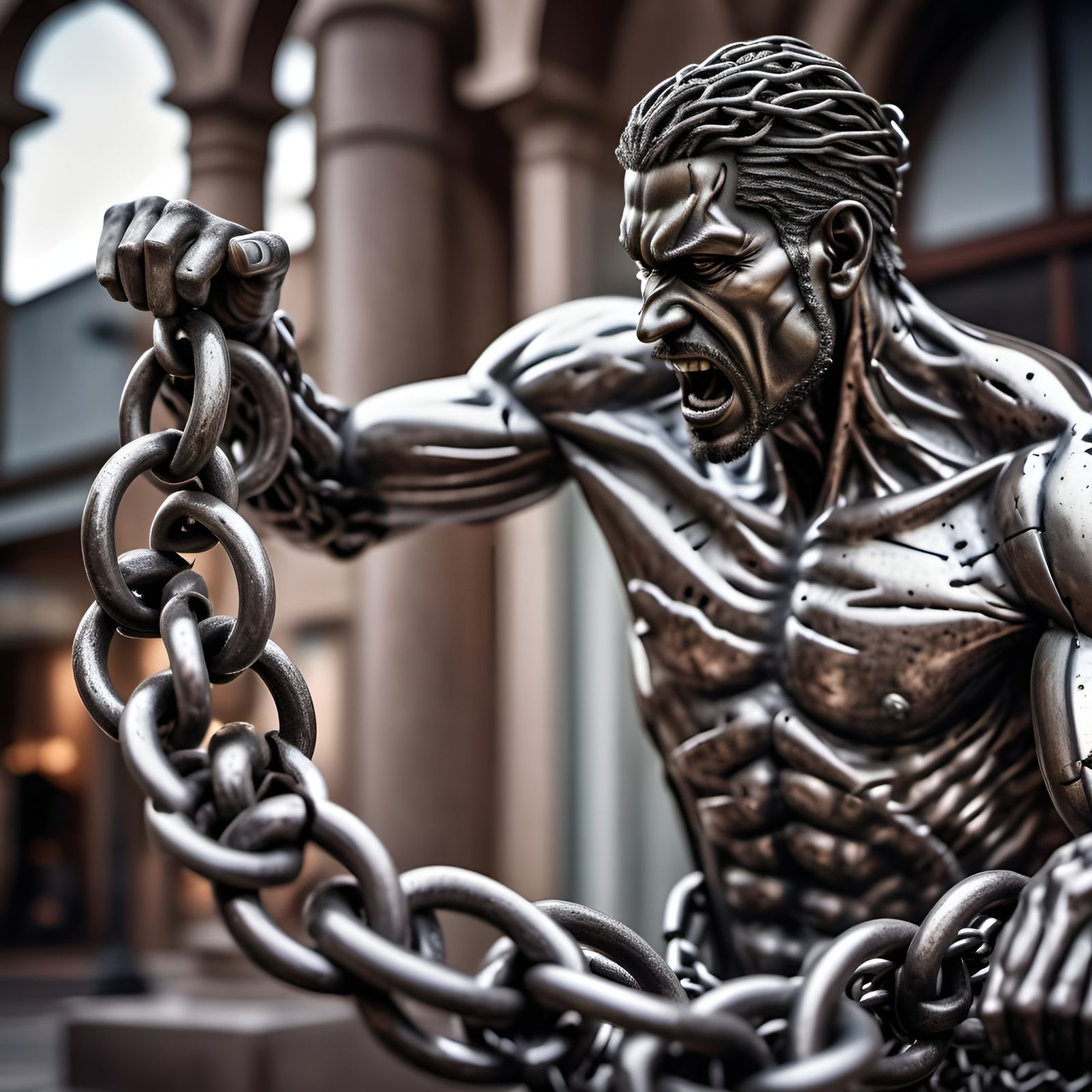 Hyperrealistic Metal Sculpture: Man Breaking Chains