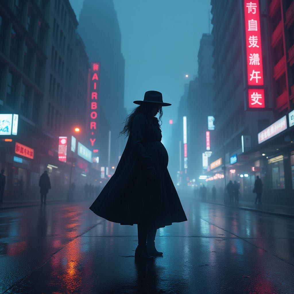 Cyberpunk Pregnant Woman Confronts Dystopian Cityscape