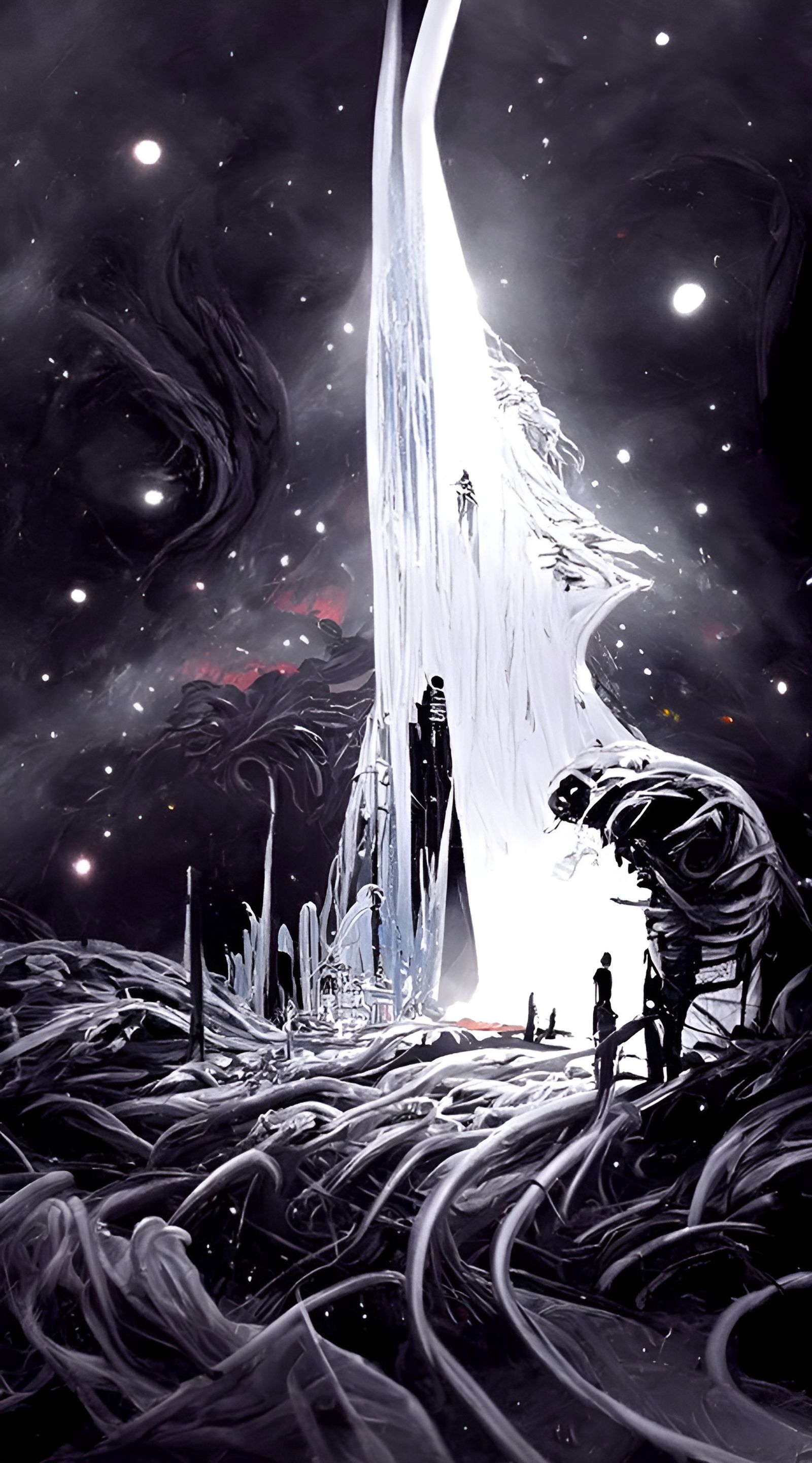 Monochrome Cosmic Landscape in Dreamlike Style