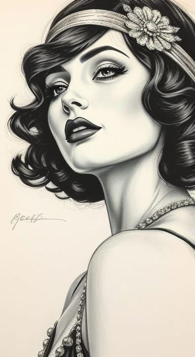 Brunette Flapper Portrait in Charcoal Sketch Style