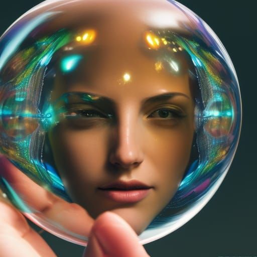 Neon Woman in Glass Sphere: Hyperrealistic Portrait