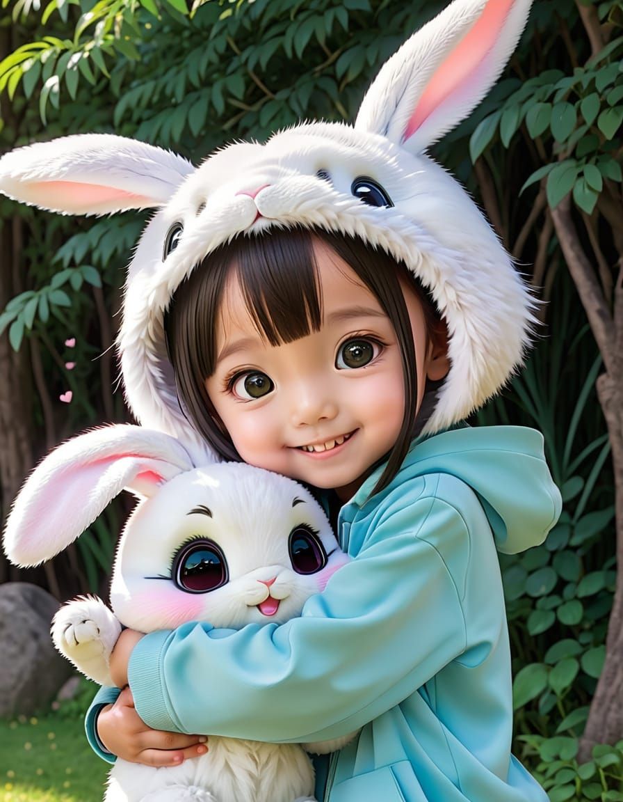 Kawaii Anime Child Hugging Bunny