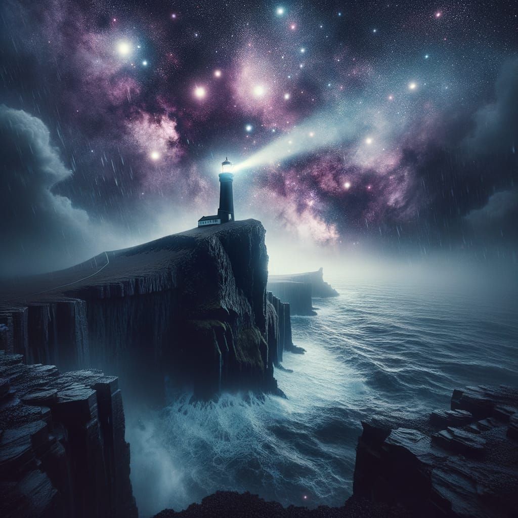 Lighthouse on Obsidian Cliff Under Nebula Sky