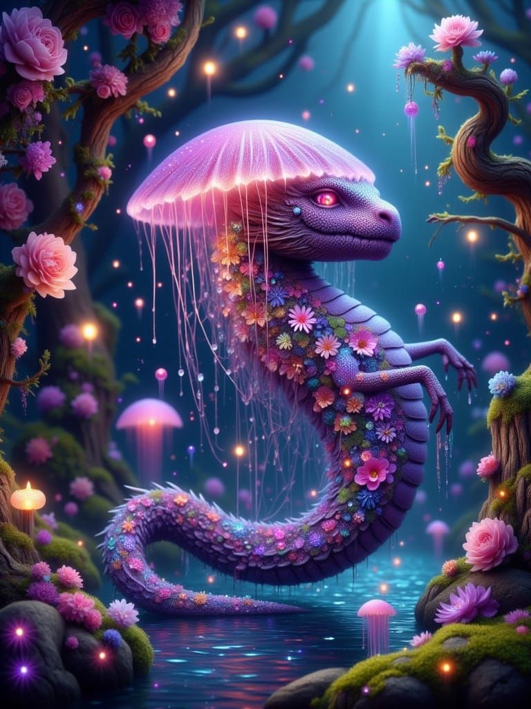 Bioluminescent Jellyfish-Dragon Hybrid in Sacred Water