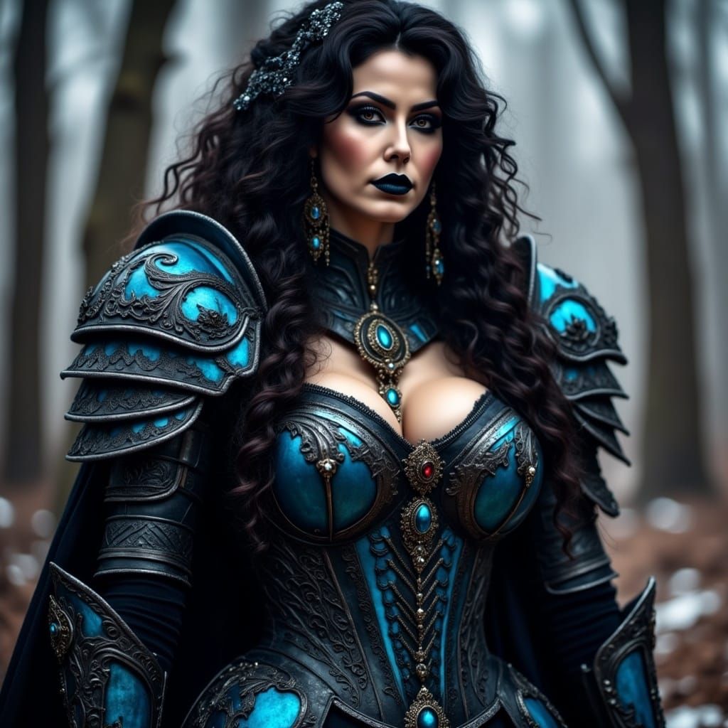 Zaftig woman on the presage of war wearing armor of blackene...