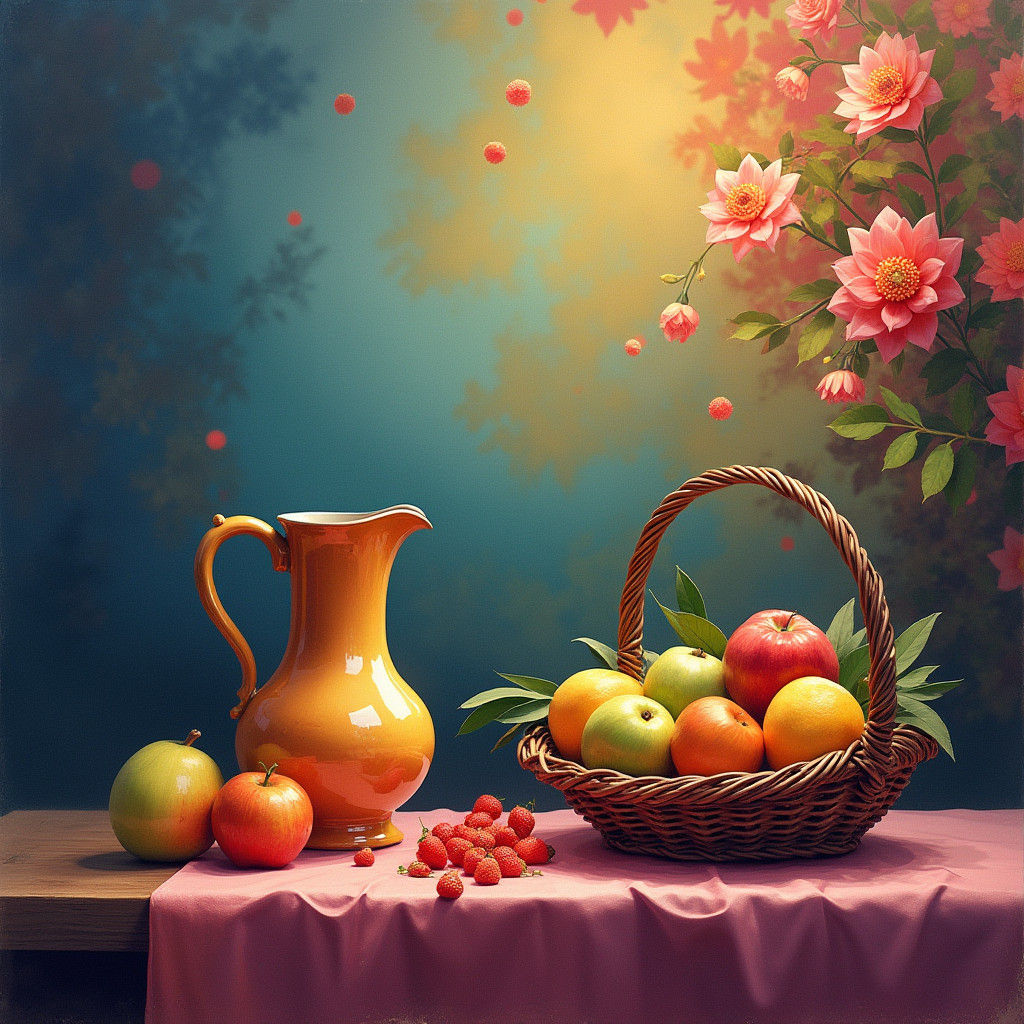 Watercolor Still Life Painting of Fruit Basket