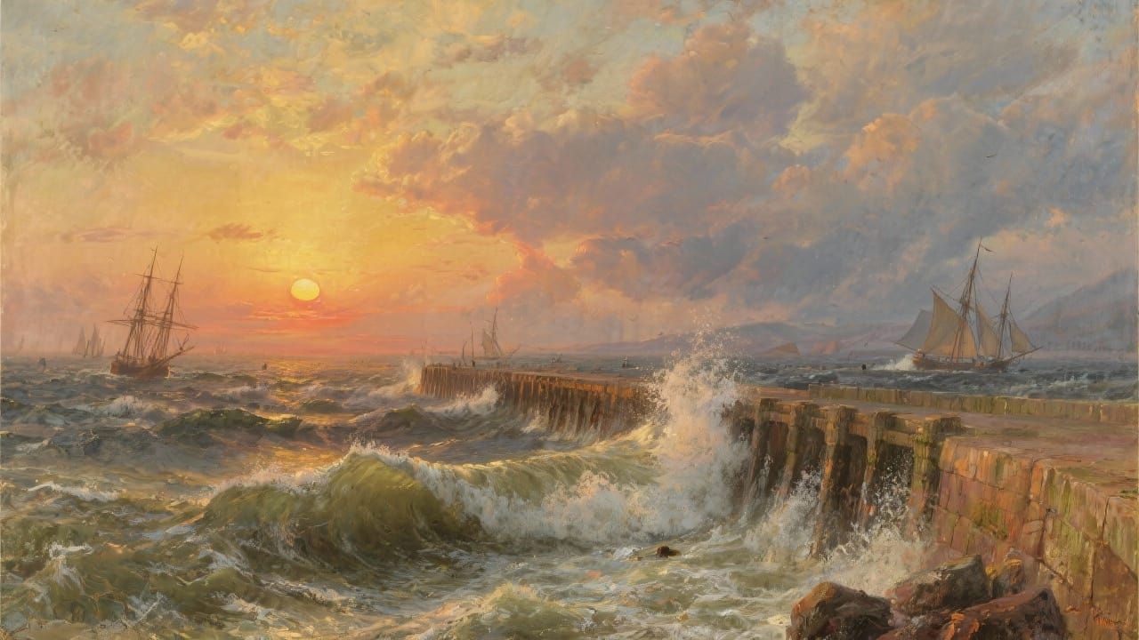 Majestic Jetty at Fiery Sunset Over Turbulent Ocean