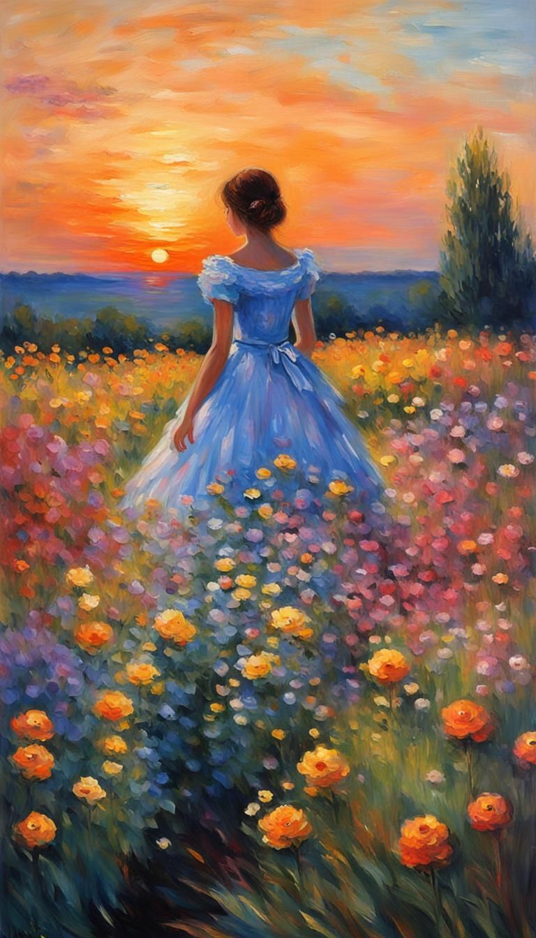 Girl in Floral Dress at Sunset, Impressionistic Style