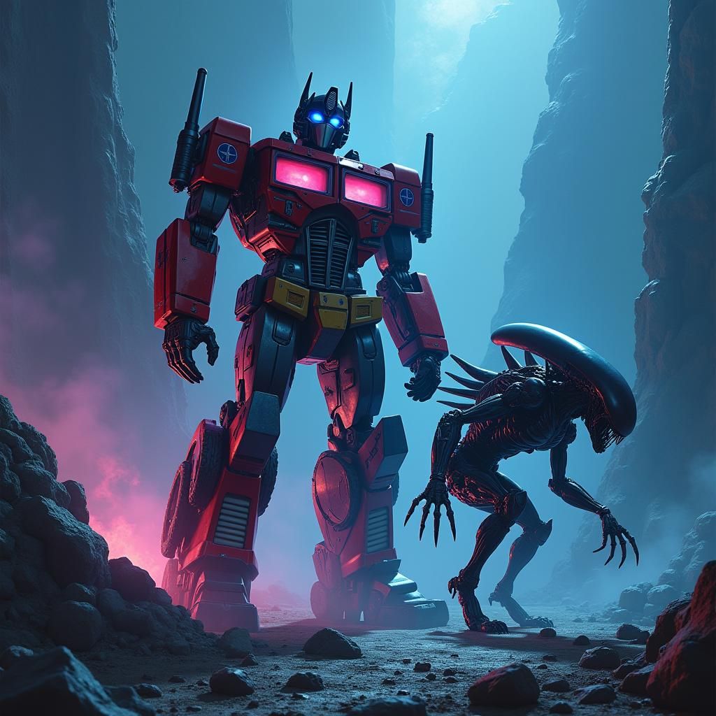 Optimus Prime vs. Xenomorph in Dark Horse Style