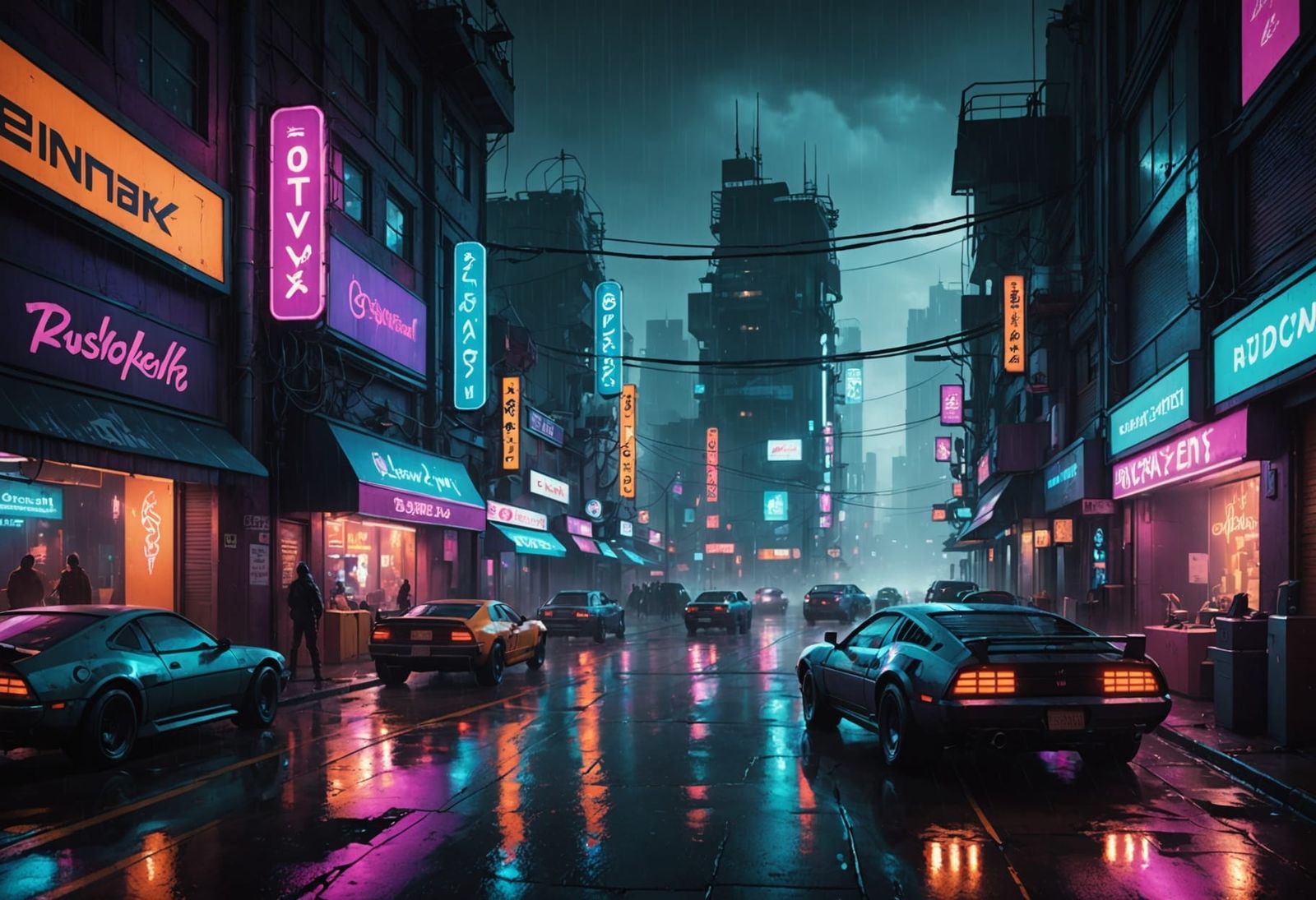 Cyberpunk Cityscape at Night, Futuristic Cars and Neon Light...