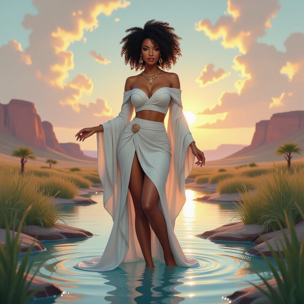 African Goddess in Dreamy Oasis, Digital Art