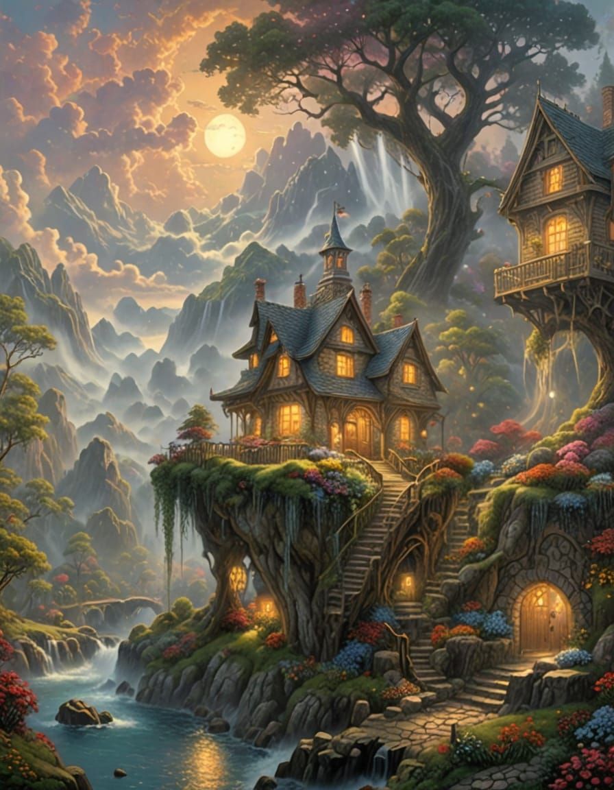 Mystical Elven Haven in Ethereal Mist