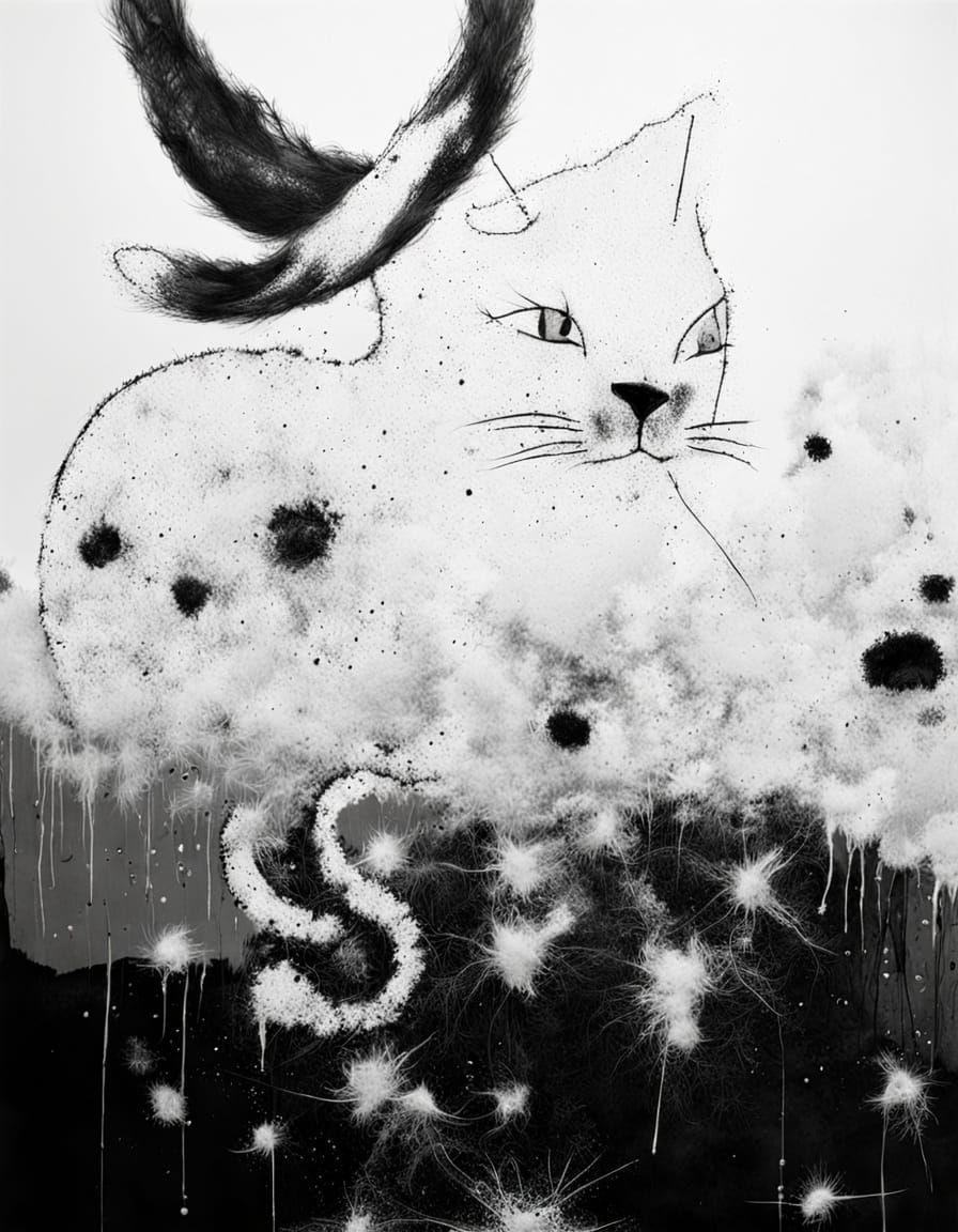 A Fluffy Cat's Black and White Reflection