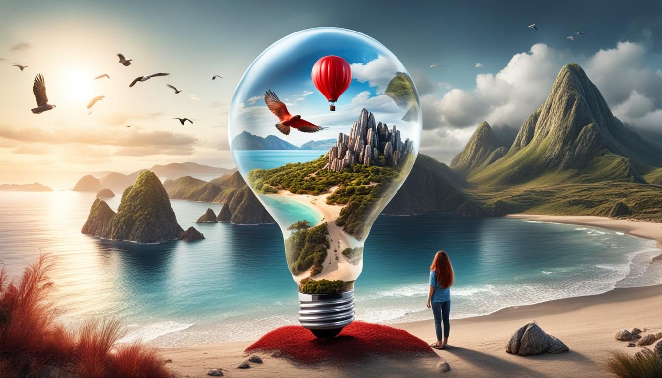 Island Landscape Inside Light Bulb: Photorealistic 3D Render