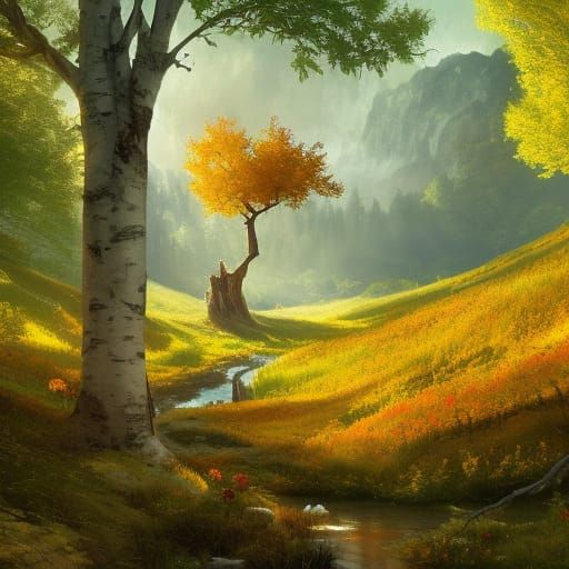 Golden Aspen Tree in a Bright Flower Meadow