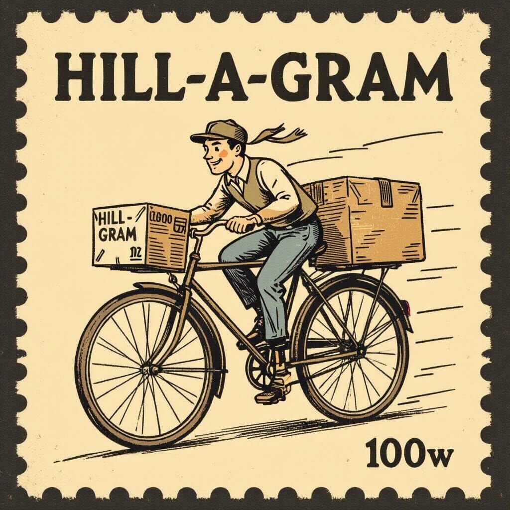 Vintage Postage Stamp: Bicycling Deliveryman with Hill-a-gra...