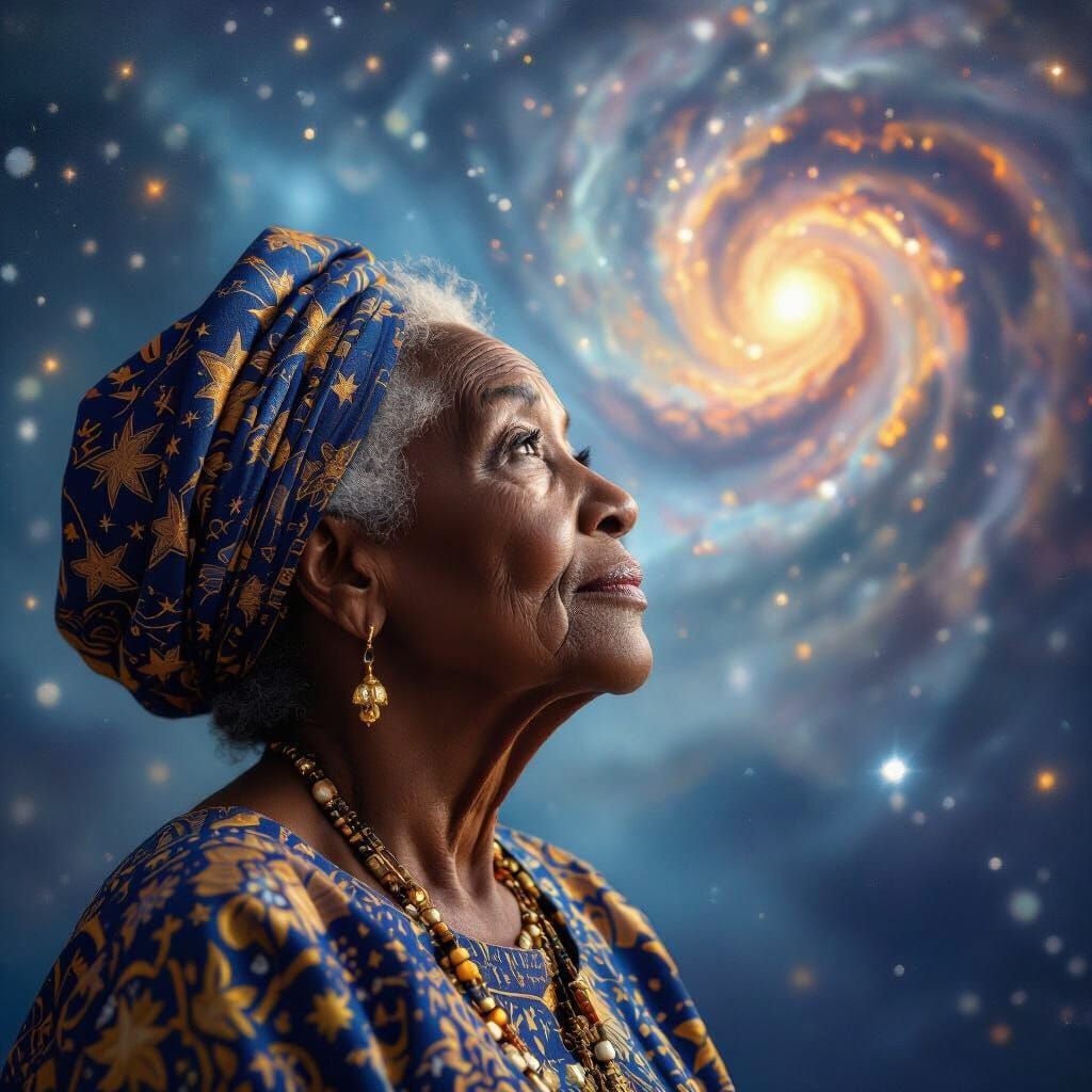 Elderly Woman Gazes at Starry Nebula in Cinematic Portrait