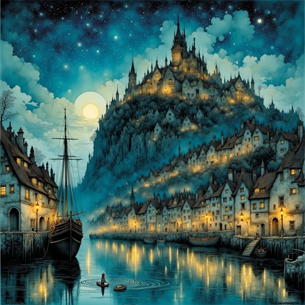 Medieval Island Port Town Under Starry Sky