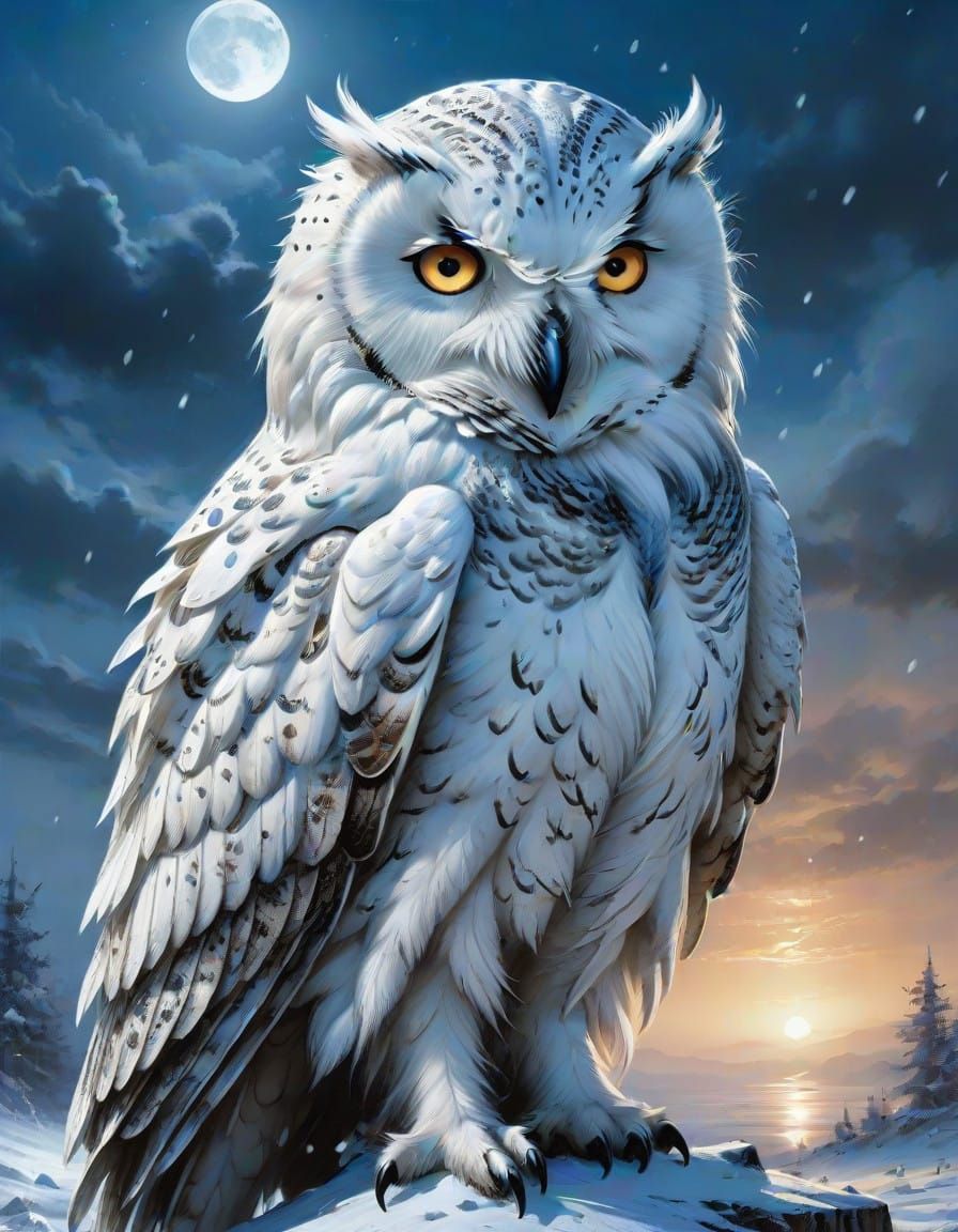 Ethereal Snow Owl in Oil Canvas Splendor