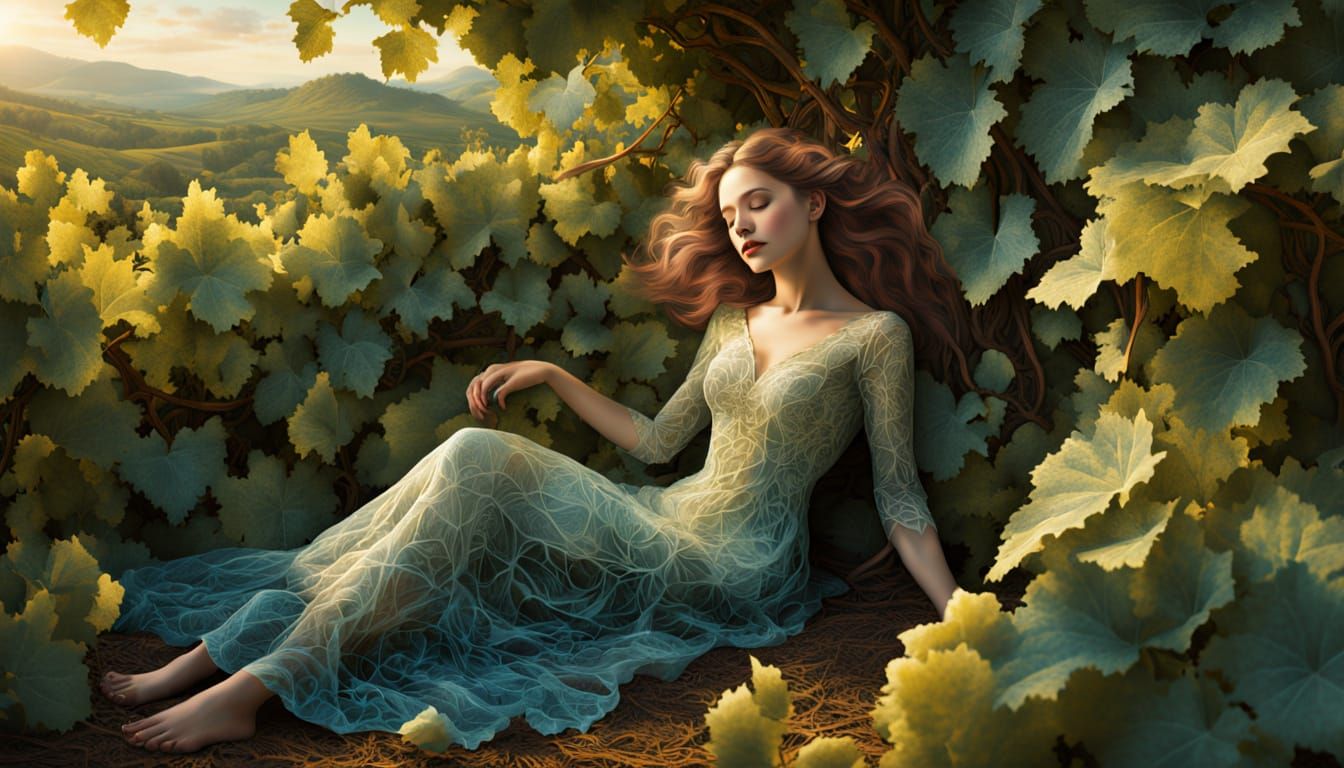 Surreal Vineyard Goddess in a Whimsical, Textured Landscape