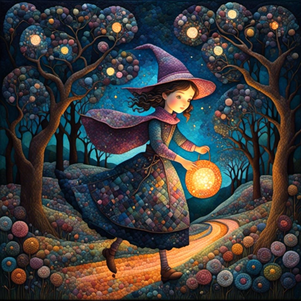 Young Witch Races Through Dark Forest