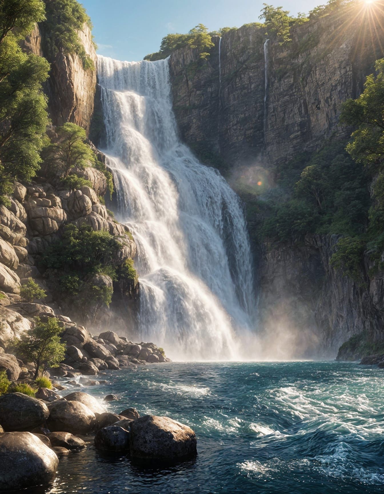 Mighty Waterfall with Water Door in Sunlight