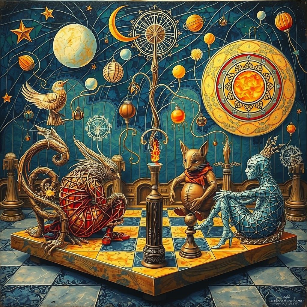 Ethereal String Woman Kissing Bird in Garden