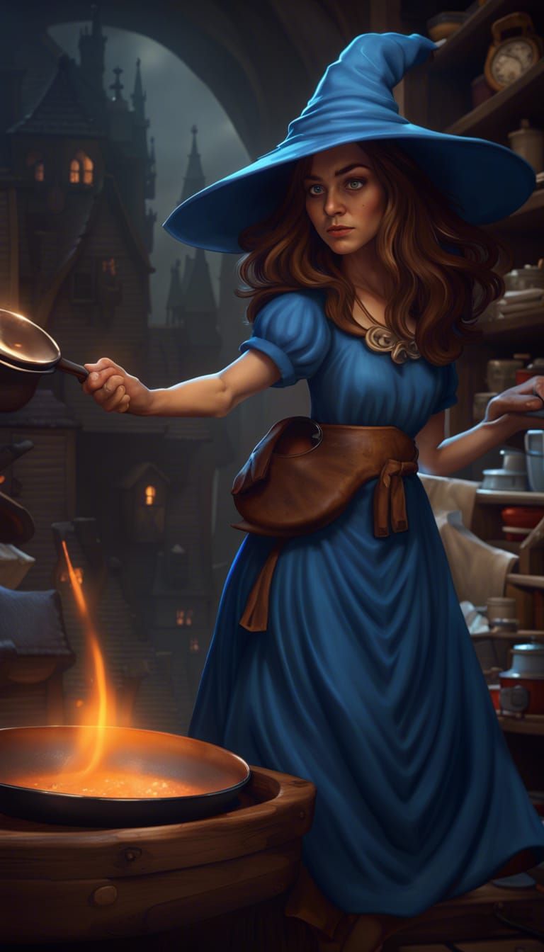Young Witch with Frying Pan: Detailed Fantasy Art