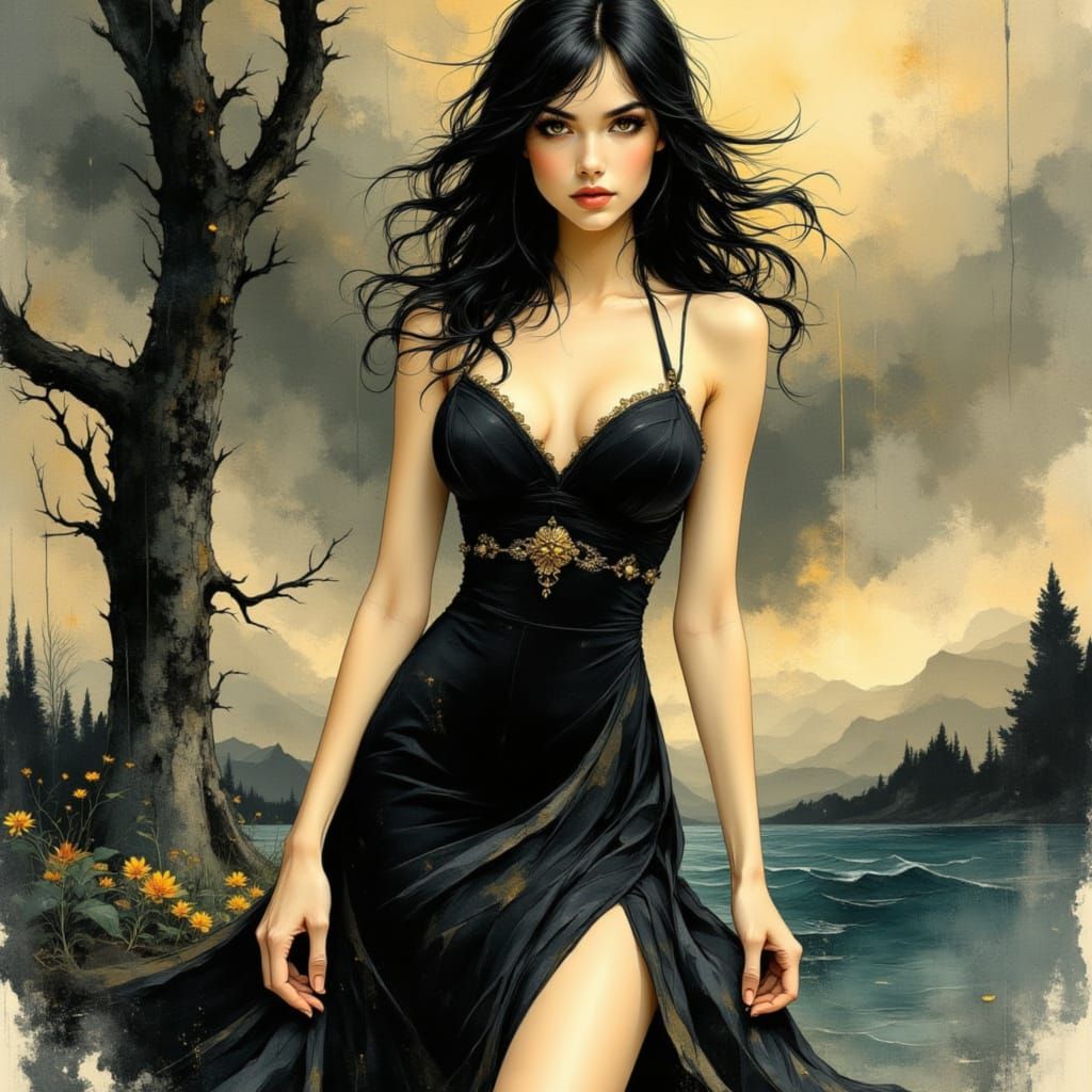 Elegant Woman Posing in Ink and Watercolour