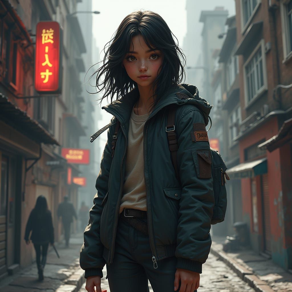 Agile Girl in Gritty Cityscape, Fantasy Concept Art