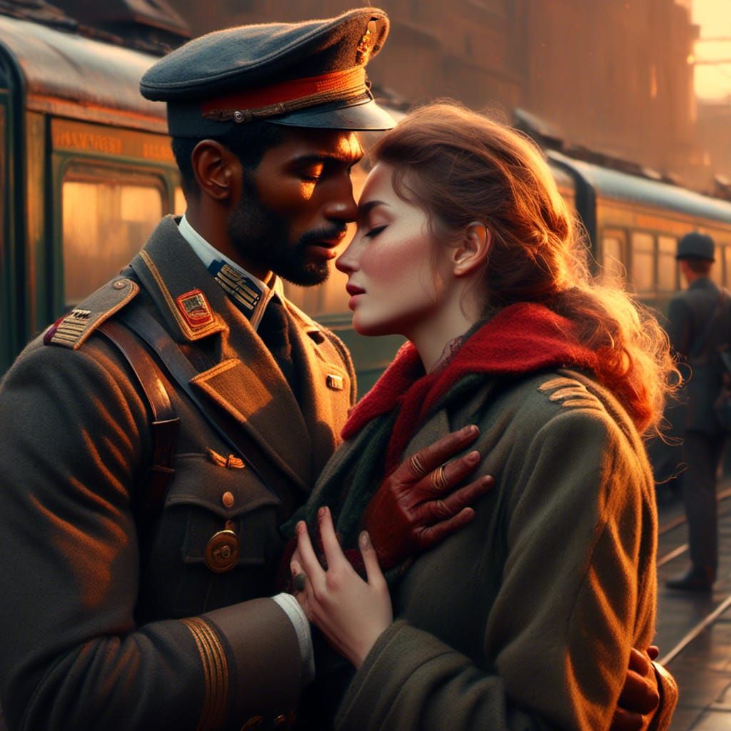 A World War 2 soldier and a WAAF, saying goodbye on a platfo...